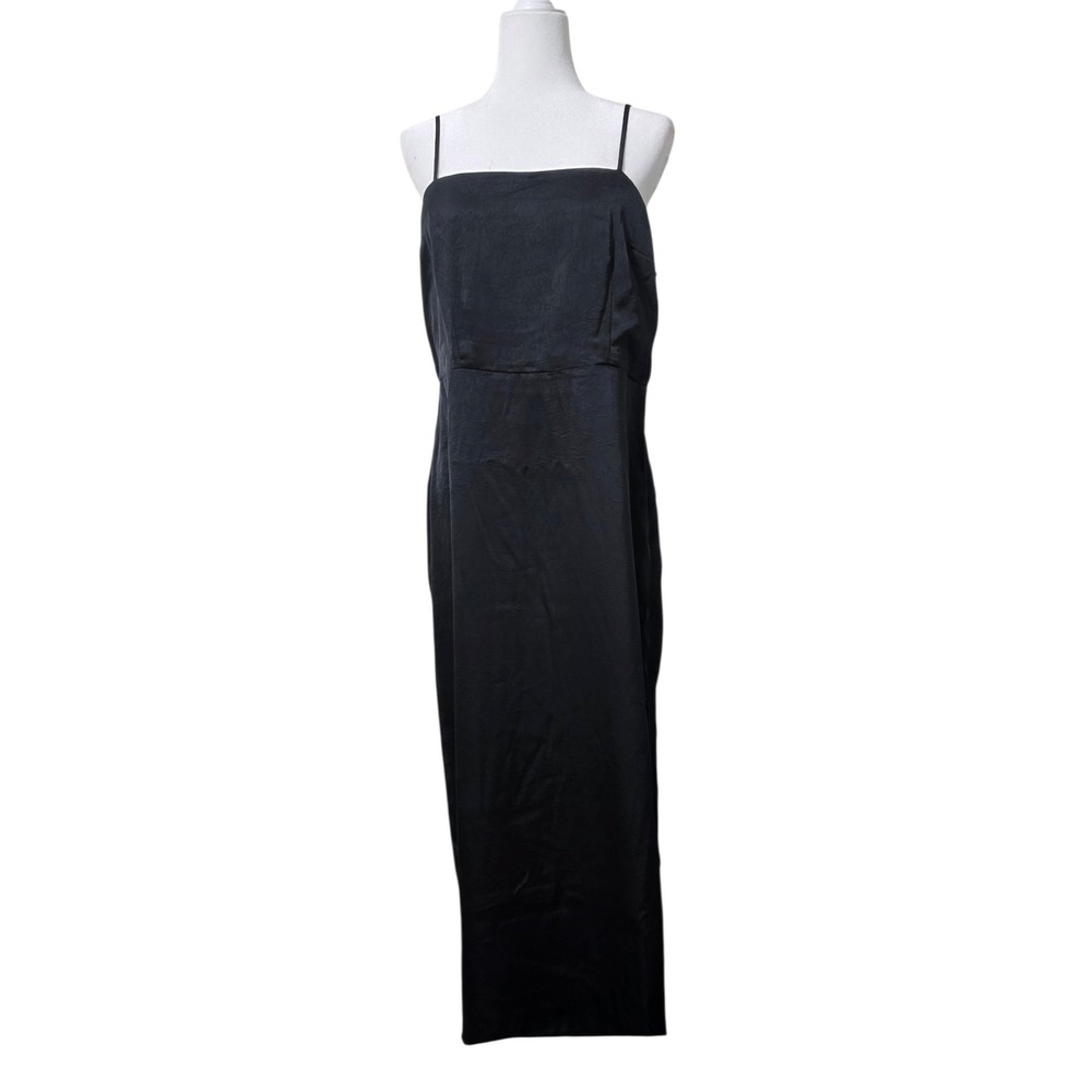 A New Day Black Satin Maxi Dress Smocked Back Adjustable Straps Size L NWT